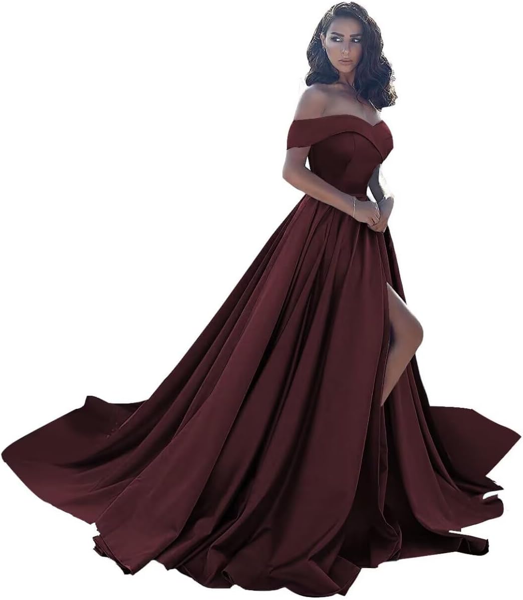 Off Shoulder Satin Prom Dresses Ball Gown Plus Size Formal Dresses for Women Wedding Dress with Slit