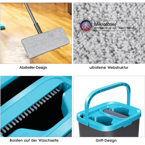 MASTERTOP Bodenwischer Set, Wischmopp Set mit Eimer, Mikrofaser Flachmopp mit 6 Wischpads, 2 in 1 Putzeimer Set Wischer mit Auswringfunktion für Hartholz Fliesen Laminat Marmor, Grau+Blau – Bild 6