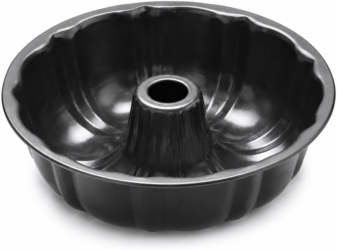 Zollyss Non-Stick Carbon Steel Bundt Cake Pan | Round Fluted Tube Baking Mold for Cake, Bread, Jelly & Pudding | Oven Safe up to 230°C | Easy Release & Easy Clean | 24.5 x 8 cm | Black