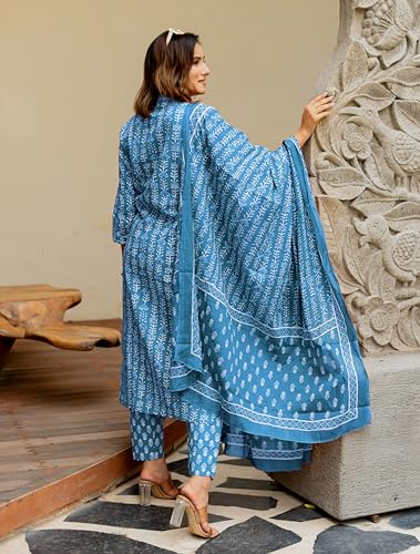 Image of MIRCHI FASHION Pure Cotton Women Straight Batik Print & Mirror Work Kurti Set with Dupatta and Pant
