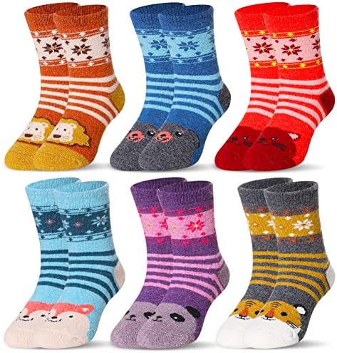 Eocom 6 Pairs Children's Winter Warm Wool Socks Kids Toddlers Boys Girls Thermal Thick Boot Cozy Crew Socks (4-7 Years, Snowflake Animal)