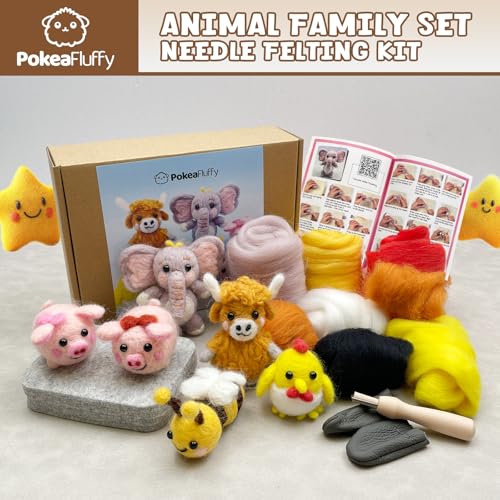Image of PokeaFluffy Needle Felting Kit, 6 Pcs Animals Needle Felting Starter Kit for Beginner Adult, Wool Felt Set with Instruction, Wool Roving, Foam Mat, DIY Home Decoration Holiday Craft Gift Idea