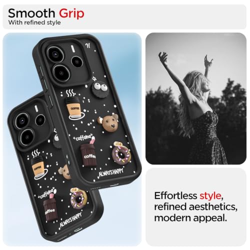 Image of Pikkme Back Cover for Redmi Note 14 5G | 3D Bear Silicone Cute & Fun Coffee Cartoon | Full Body Protection Bumper Case (Black)