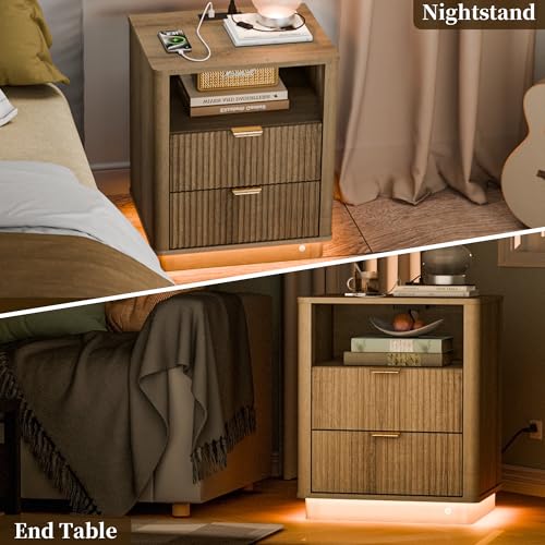BONITURE Fluted Nightstand, Curved Night Stand with Charging Station Lighting, Wood End Table with 2 Drawers, Modern Side Table Storage Cabinet for Bedroom Office,(1, Natural) by BONITURE - Image 5