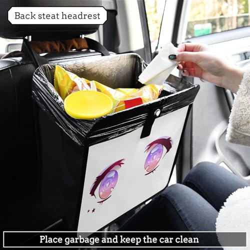 Image of Purple Pink Anime Kawaii Eyes Car Trash Can Foldable Hanging Car Trash Bag Bin Auto Garbage Can Leak-Proof Car Organizer(Large)