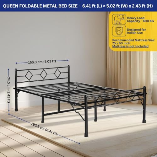 Image of DELITE KOM Dory Foldable Metal Bed | Queen Size (6.4ft x 5.02ft) | Portable | No Installation | Strong Steel Frame | Powder Coated | Heavy Load | for 75 inchx60 inch Mattress | Glossy Black | 1 Year Warranty