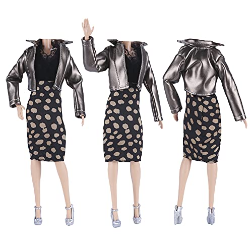 E-Ting Leather Coat Suit Cool Wild Motorcycle Style Couple Clothes For 11.5 Inch Girl Doll And 12 Inch Boy Doll (Metallic) #TOP2