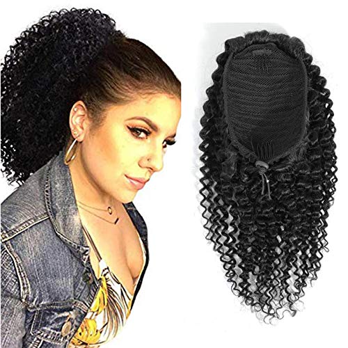 Drawstring Ponytail Extension Human Hair Kinky Curly Drawstring Ponytail With Wrap Extensions Natural Color For Black Women 3C 4A Kinky Curly Hair Piece Clip in Ponytail Hair Extension(12inch 100gram)