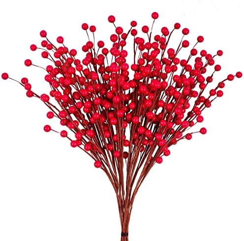 POTWPOT Christmas Red Berry Twig Stem, 12 Pieces Artificial Red Berry Stems Red Berry Wreath Artificial Berry Picks for Christmas Tree Home Holiday Wedding DIY Crafts Decor