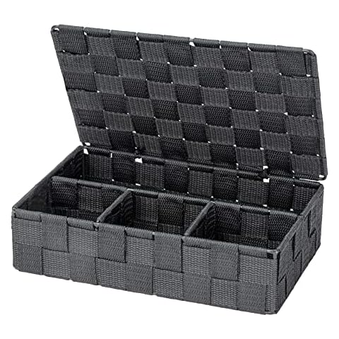 Wenko Cesta para el baño con tapa Adria pequeña, gris oscuro - Cesta para el baño con tapa y 4 compartimentos Cover