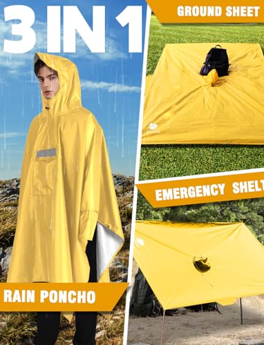 ANYOO Leichter Wasserdichter Regenponcho Regenjacken mit Ärmeln Belüftet Mehrzweck Regenmantel Unisex mit Kapuze Ideal für im Freien Camping Wandern Angeln, Dunkelgelb, Einheitsgröße