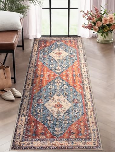 SERISSA Boho Washable Runner Rug, 2x5 Rug Non-Slip Tribal Hallway Kitchen Runner Rug Ultra Soft Print Distressed Vintage Floor Carpet for Bedroom Bathroom Laundry Living Room