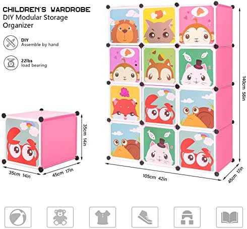 BRIAN & DANY Cartoon Clothes Closet Wardrobe DIY Modular Storage Organizer, 8 Cubes & 2 Hanging Sections, Pink, 110 x 47 x 147 cm