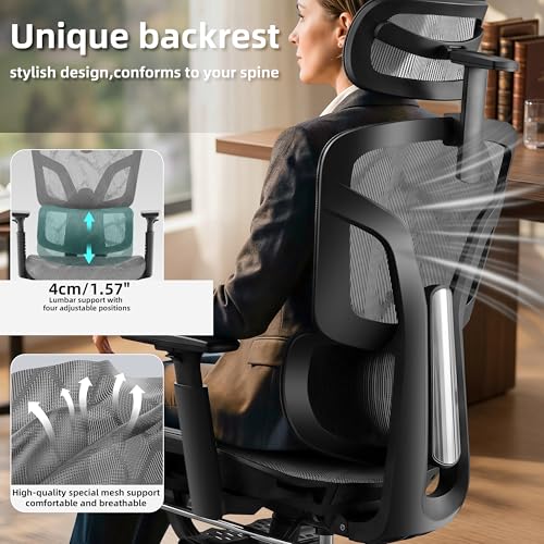 Image of Ergonomic Office Chair with Footrest 4-Level Adjustable Lumbar Suppor | Big and Tall Office Chair t - 155 Tilt Lock and Wide Cushion - 3D Headrest & Armrests, High Back Home Desk Chair