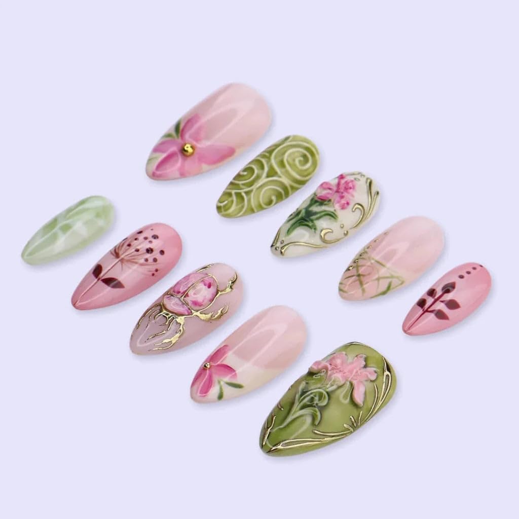 Handmade Pink & Olive Green Gel Press On Nails, 3D Gold Scarab Beetle & Vintage Florals, Reusable Medium Almond Fake Nails with Prep Kit, Spring Botanical Museum for Women, 10 Pcs