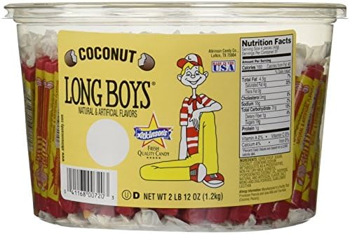 Atkinson Candy Long Boys Coconut Tub - Creamy Caramels and Real Coconut Flakes, Fresh Quality Candy - 130 Pieces, 12 Ounces