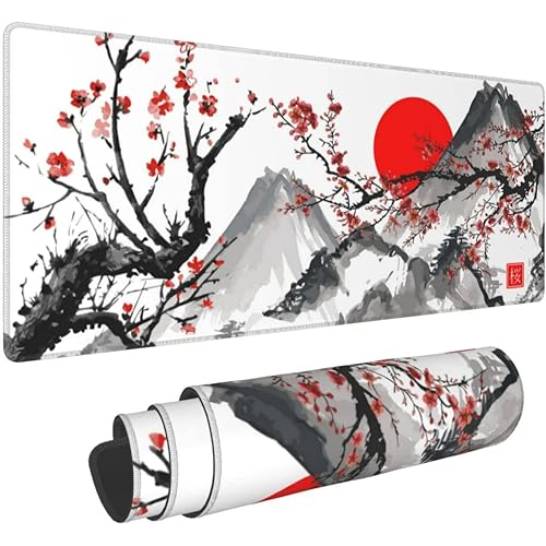 Image of Large Gaming Mouse Pad (11x23 Inch) - White Japanese Cherry Blossom Design | Extended Mousepad with Premium Stitched Edges, Non-Slip Rubber Base & Smooth Surface for Office & Gaming Setup