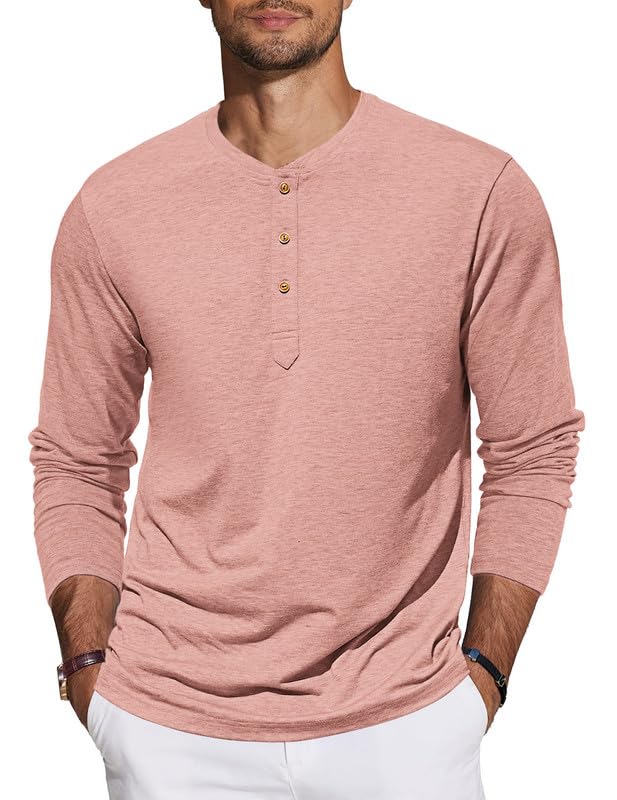 TARAINYA Henley Shirt Herren Baumwolle T-Shirt Langarm Einfarbig mit 3 Knopfleiste Rosa 2XL