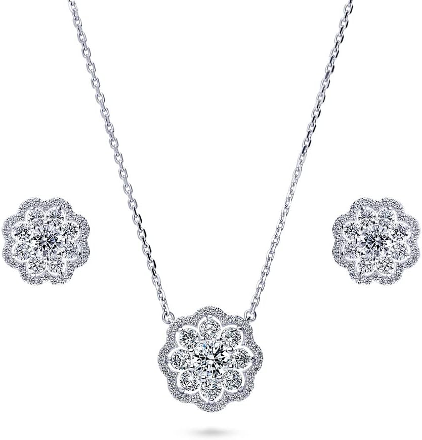 BERRICLE Sterling Silver Flower Cubic Zirconia CZ Halo Fashion Necklace and Earrings Set for Women, Rhodium Plated