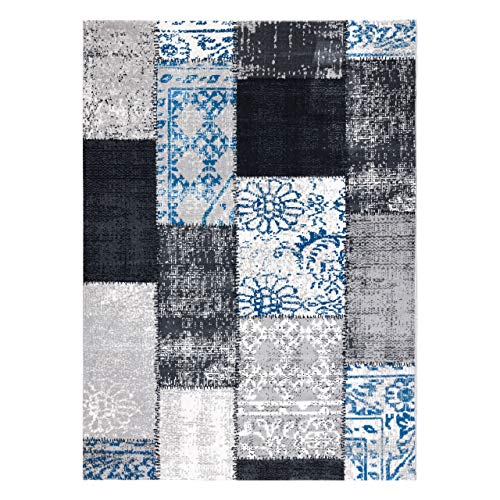 Tapis vintage gris bleu patchwork aux finitions soignées style rétro