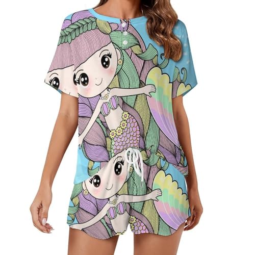 Ensemble de pyjama pour femme court léger avec motif sirène mignon