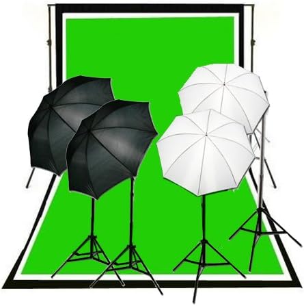 CowboyStudio Complete Photography and Video Studio 900 Watt Two Reflective Two Soft Umbrella Lighting Kits with 10'x12' Black White Chromakey Green 3 Muslin Backgrounds and Backdrop Support Stands