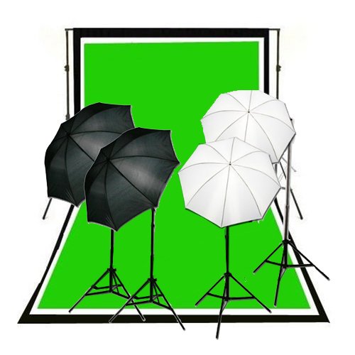 CowboyStudio Complete Photography and Video Studio 900 Watt Two Reflective Two Soft Umbrella Lighting Kits with 10'x12' Black White Chromakey Green 3 Muslin Backgrounds and Backdrop Support Stands
