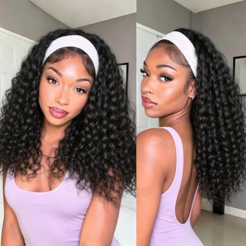 Image of XSY Headband Wig Human Hair Deep Wave 16 Inch Glueless Wigs for Black Women Curly Hair Natural Black Colour