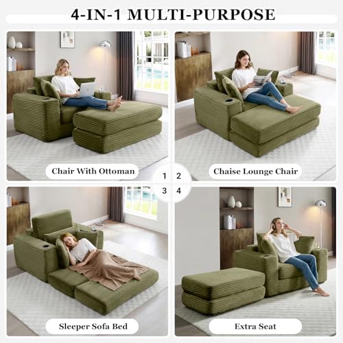 Image of HANXIN 62 inch Chaise Lounge Chair Indoor, Oversized Corduroy Boneless Convertible Chaise Lounge Couch Sleeper Chair with Ottoman, Deep Seat Reading Chair, No Assembly Required (Green)