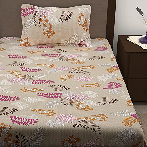 Image of Story@Home 210 TC Spark Collection Single Bedsheet Cotton Combo with 2 Pillow Covers | Light Brown | Floral (Bedsheet : 145 X 225 cm & Pillow Cover : 40 X 60 cm)