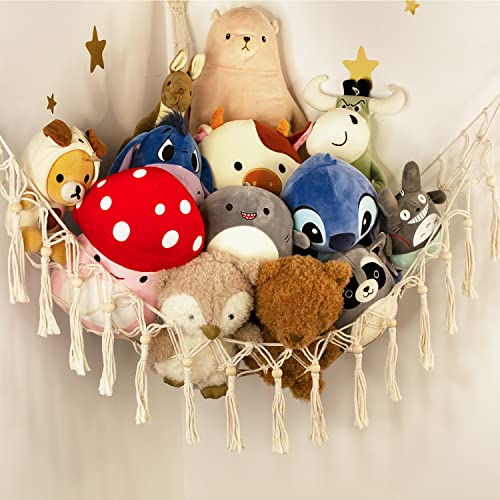Image of Stuffed Animal Toy Storage Hammock with LED Light-Macrame Jumbo Doll Room Corner Organizer Mesh Decoration-Hanging Storage Nets Kids Bedroom, (X-Large Size) (Pack of 2)