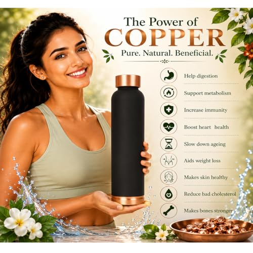 Image of Pure Copper Water Bottle - Handcrafted - Ayurveda Health Benefits - 1000 ml - Leak proof - Easy to carry for Sports, Fitness, Yoga, School - Jet Black Matte Finish Vintage Enamel.