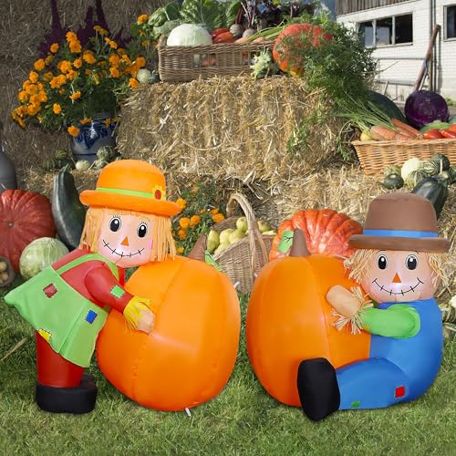 Lulu Home 2BNG Fall Day Inflatable Yard Decoration, 3.3Ft & 3Ft Air-Blown Scarecrows Holding Pumpkins, Lighted Holiday Display cover