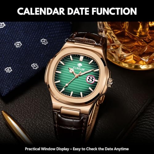 Image of Men Octagonal Rose Gold Luxury Watch for Boy Black Striped Dial, Date Display, Luminous Markers, 30M Waterproof, Leather Strap, Quartz Movement