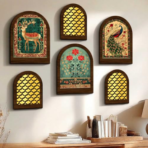 Image of Jharokha MDF Mirrors Home Decoration Items | Traditional Wall Decor Items for Living Room | Mirror Wall Hanging | Home Decor Items for Bedroom Office Set of 6 (9x12 inch & 7.5x9.5 inch)