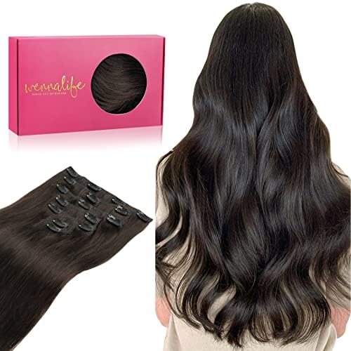 WENNALIFE Clip in Human Hair Extensions, 18 Inch 120g 7pcs Dark Brown Hair Extensions Clip In Human Hair Remy Clip in Hair Extensions Real Human Hair Double Weft