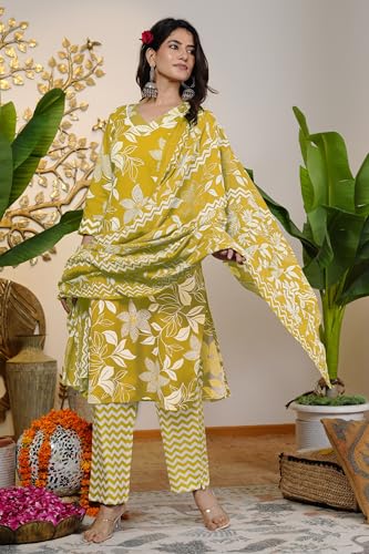 Image of MIRCHI FASHION Women's Straight Fit Pure Cotton Jaipuri Floral Printed Sequins Thread Work Kurta Set with Dupatta and Trouser