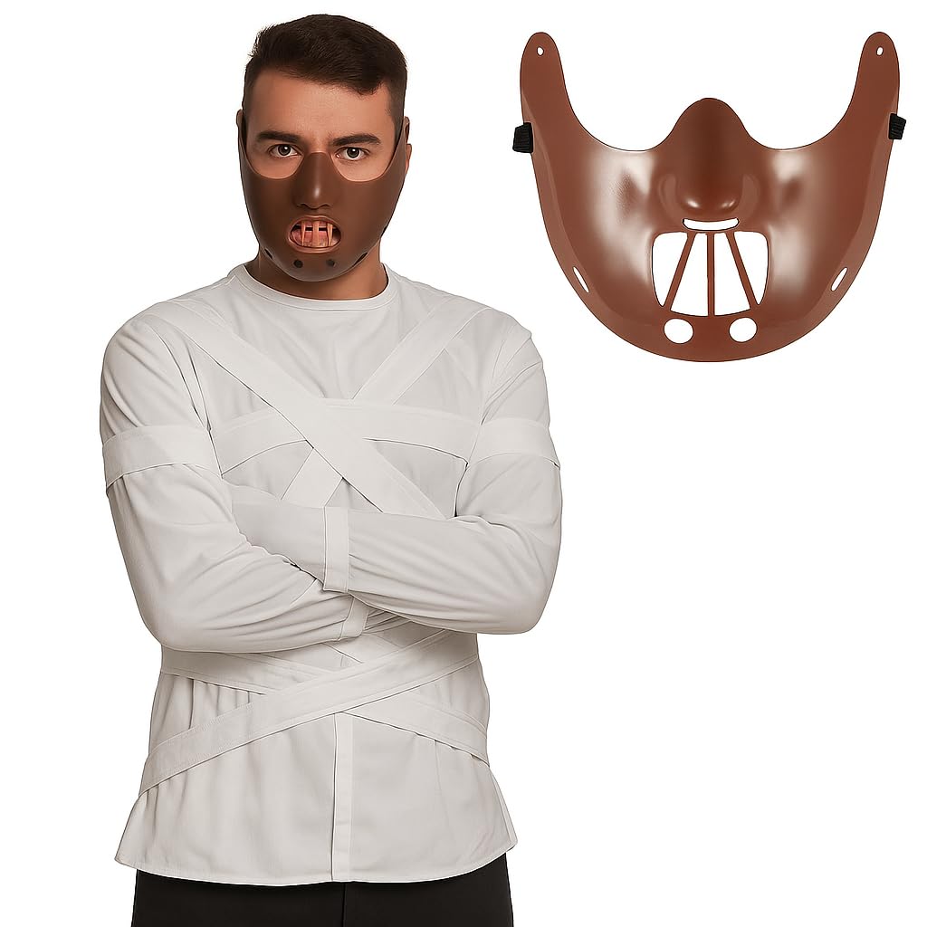 Quickdraw Adult Hannibal Lecter Halloween Fancy Dress Costume – White Straight Jacket with Brown Restraint Mask – Scary Horror Film Villain Outfit for Men & Women – One Size Fits Most Adults