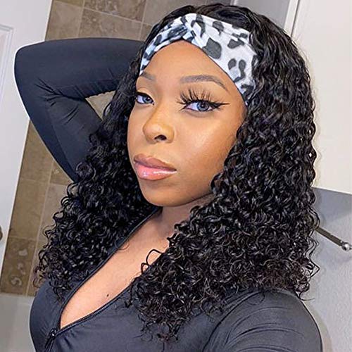 Lativ Headband Wig Long Black Curly Synthetic Wrap Wig Water Wave Kinky Curly Headband wig Natural Looking Headband Attached Glueless Wigs for Women Everyday Use (1B, 20 Inch)