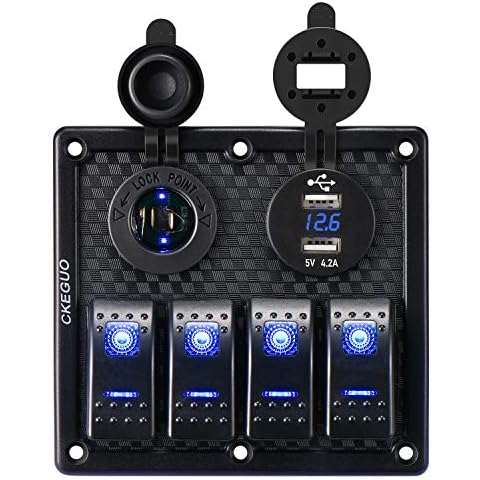 MOTOLIMO 4 Gang Rocker Switch Panel Waterproof with Dual USB Charger Socket 4.2A + Digital Voltmeter + Cigarette Lighter, 12/24V Toggle Switches with Fuse for Car Truck Boat Marine (Blue Backlit) Cover