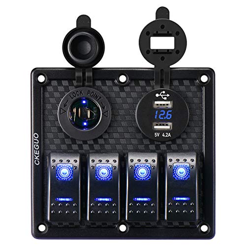 MOTOLIMO 4 Gang Wippschalter Panel Wasserdicht mit Dual USB Ladegerät Buchse 4.2A + Digital Voltmeter + Zigarettenanzünder, Kippschalter mit Sicherung für 12/24V Auto LKW Boot Marine (Blaue LED) Cover