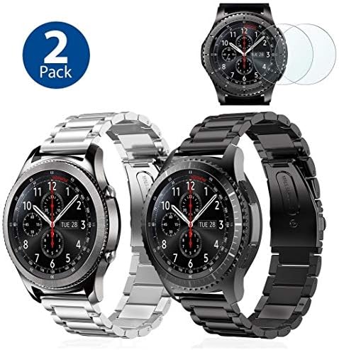 (2 Pack) I.P Stainless Steel Bands Compatible with Samsung Galaxy Watch 46mm Gear S3 Classic/Frontier Men XL Large, Heavy Duty Solid Metal Watch Band, 2X Screen Protector As Bonus