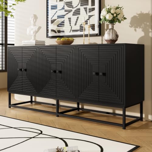vutizal Sideboard Schwarz Matt 160cm, Aufbewahrungsschrank Modern mit Relief-Design, 3-türige Kommode offen für Wohnzimmer Arbeitszimmer, 160x38x75.5 cm