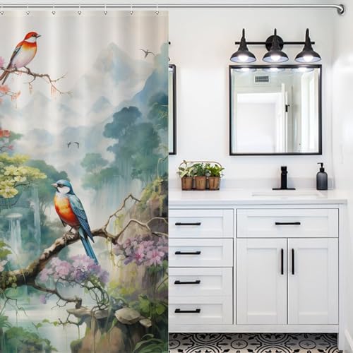 Rideau de douche oiseaux et fleurs en polyester 168x183 cm - 5