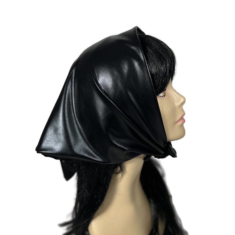 Black Metallic Spandex Bandana Lined Neckerchief Shiny Vegan Hair Scarf Headscarves3