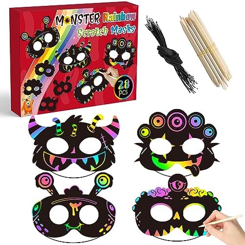 WATINC 28pcs Halloween Monster Scratch Mask Gift Set for Kids, Halloween Party DIY Magic Rainbow Scratch Paper Monster Masks, Monster Party Favors Craft Kit for School Classroom Activity Art Project