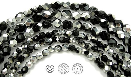 4mm (102 Beads) Jet Labrador Cal Coated (Half Siver), Czech Fire Polished Round Faceted Glass Beads, 16 inch Strand