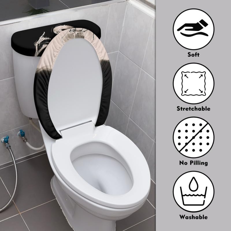 Daulesho Black White Skull 2 Pieces Toilet Lid Cover Sets Hand Draw Skull Toilet Lid Tank Lid Dust Cover Funny Gothic Skeleton Universal Fit Toilet Covers Bathroom Decor