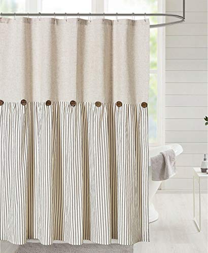 Dosly Idées Farmhouse Shower Curtain,Beige And Brown Stripe,Button Curtain,Linen And Cotton Woven Fabric,Rustic Charm Country Chic Style,72X72 In #TOP5