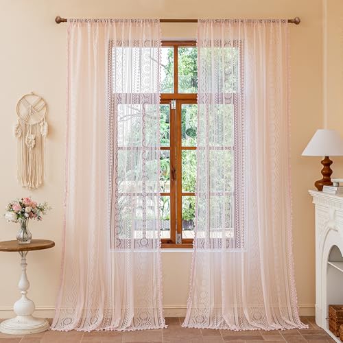 Image of MYSKY HOME Pink Sheer Lace Curtains 2 Panels 96 inch Length for Girls Room Nursery Boho Vintage Floral Crochet Pattern Privacy Rod Pocket Tassels Small Windows Curtains, Wide 55 inch, 2 PCs